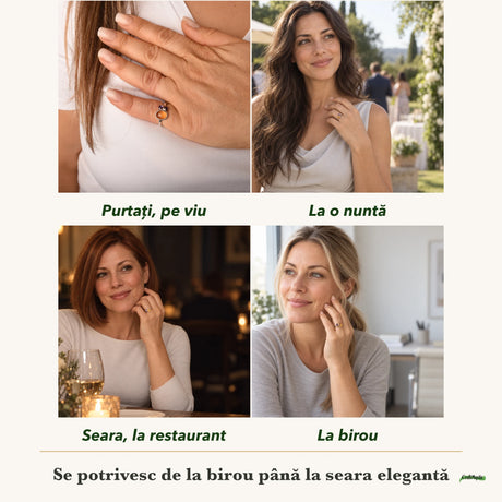 Inel cu Citrin purtați de patru femei, la nuntă, seara, la birou și la o aniversare