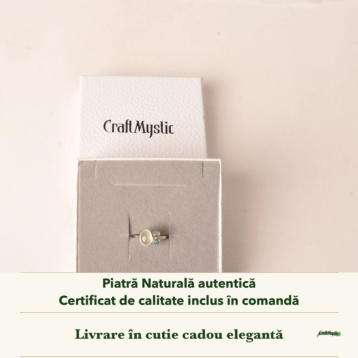 Inel cu Prehnit în cutia cadou CraftMystic, cu certificatul de calitate