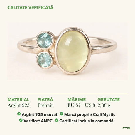 Inel cu Prehnit: material, dimensiunea pietrei, greutate și marcajul 925