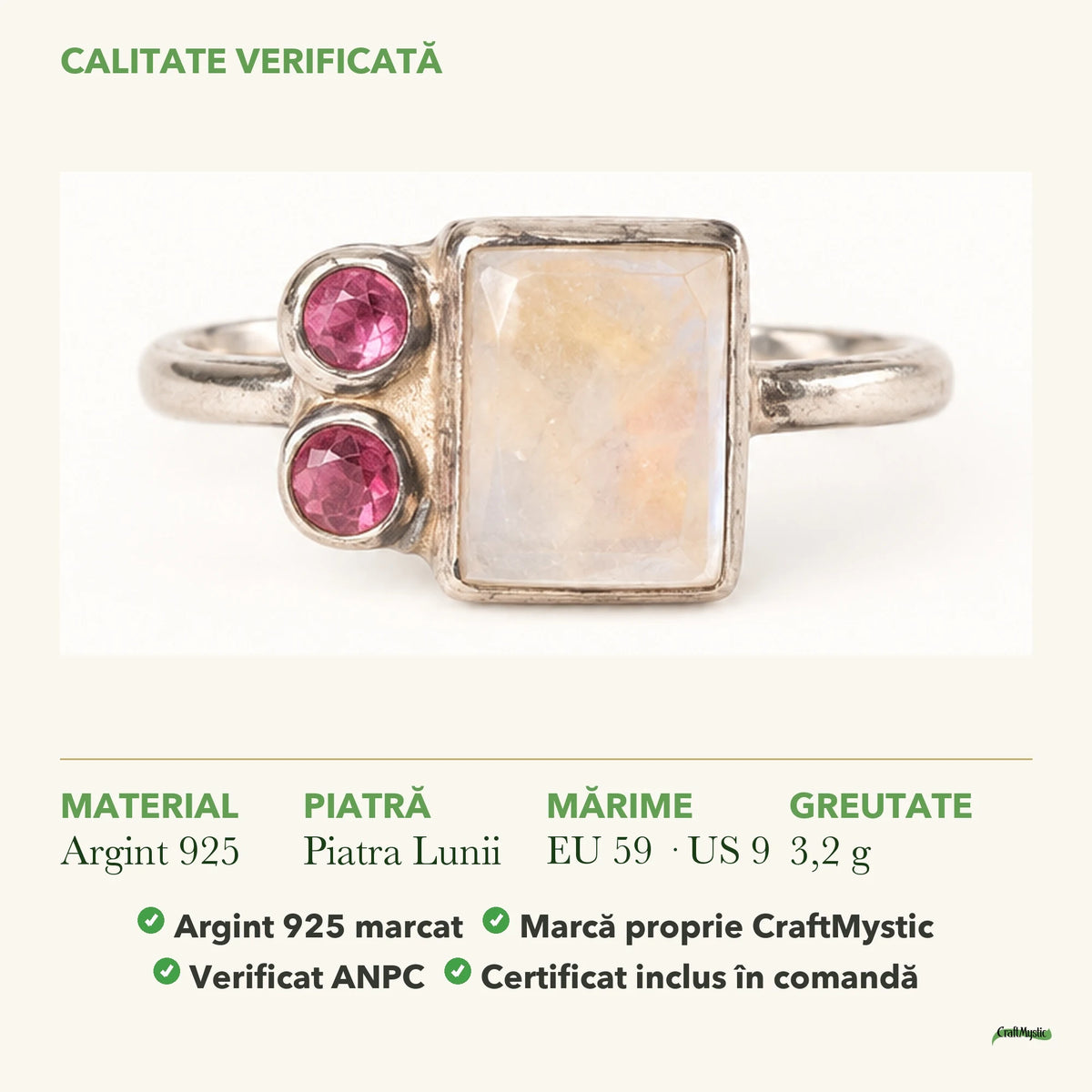 Inel cu Piatra Lunii: material, dimensiunea pietrei, greutate și marcajul 925
