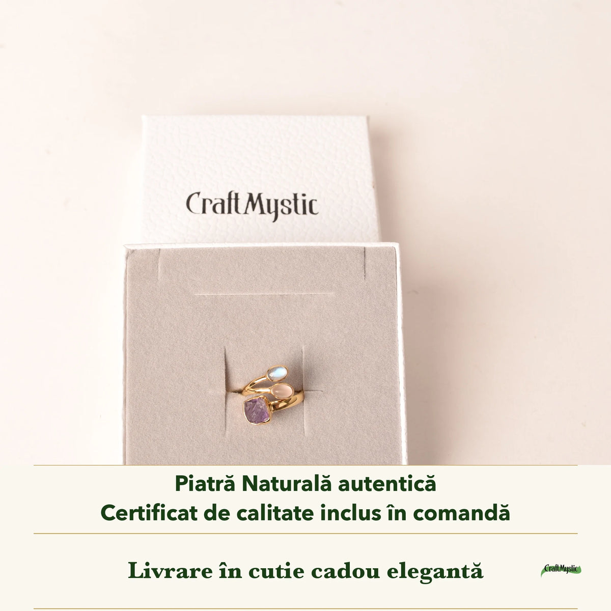 Inel cu Ametist, Cuarț Roz și Piatra Lunii în cutia cadou CraftMystic, cu certificatul de calitate