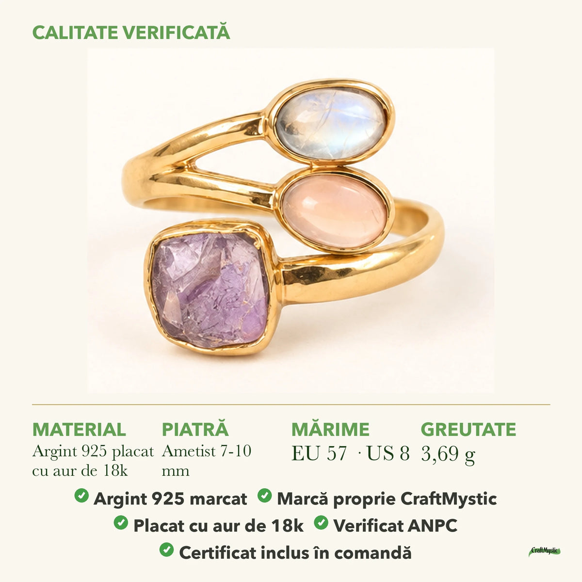 Inel cu Ametist, Cuarț Roz și Piatra Lunii: material, dimensiunea pietrei, greutate și marcajul 925