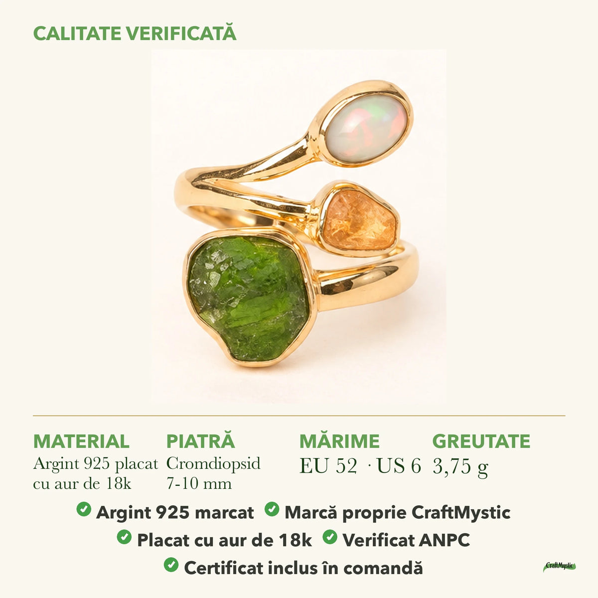 Inel cu Cromdiopsid, Citrin și Opal Etiopian: material, dimensiunea pietrei, greutate și marcajul 925