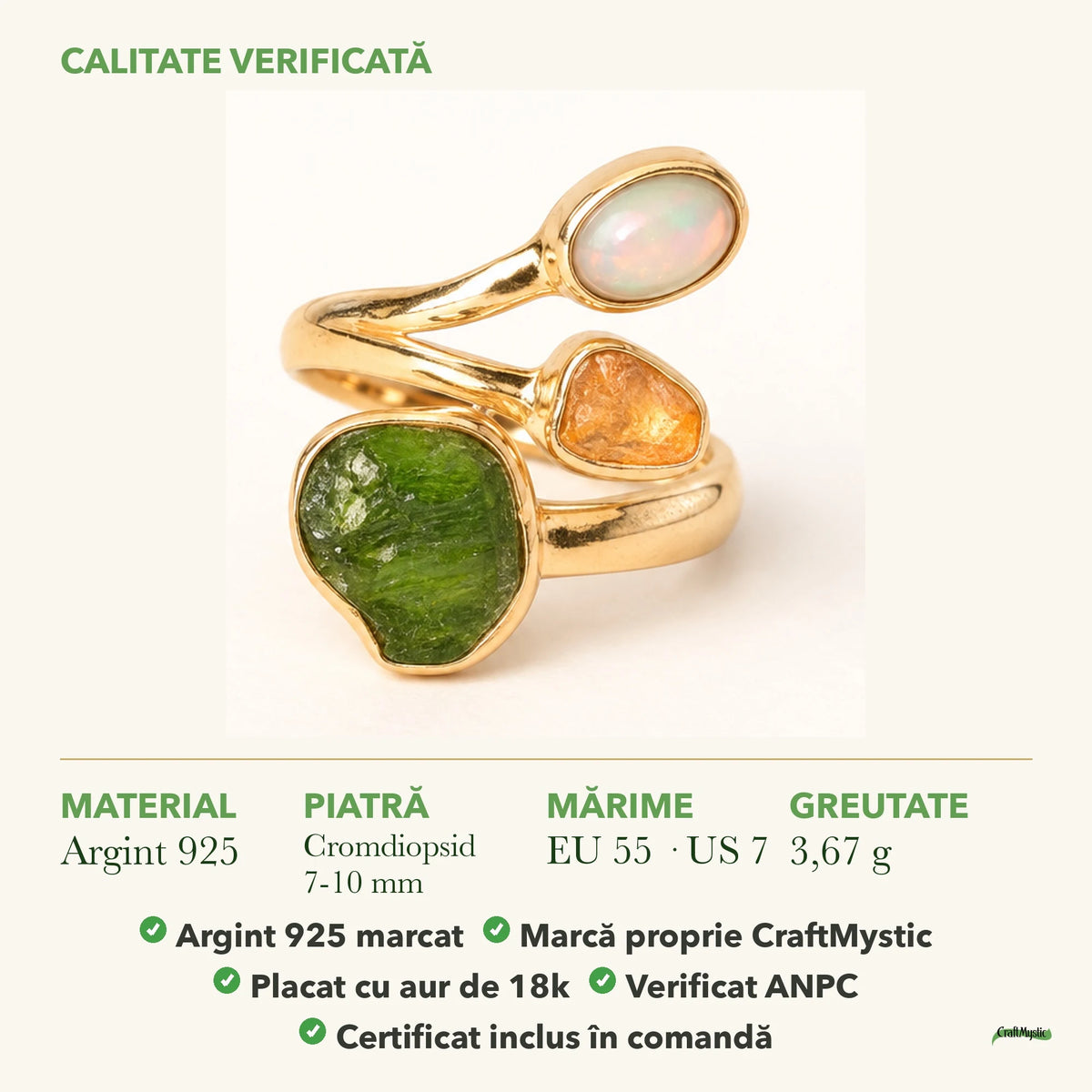 Inel cu Cromdiopsid, Citrin și Opal Etiopian: material, dimensiunea pietrei, greutate și marcajul 925