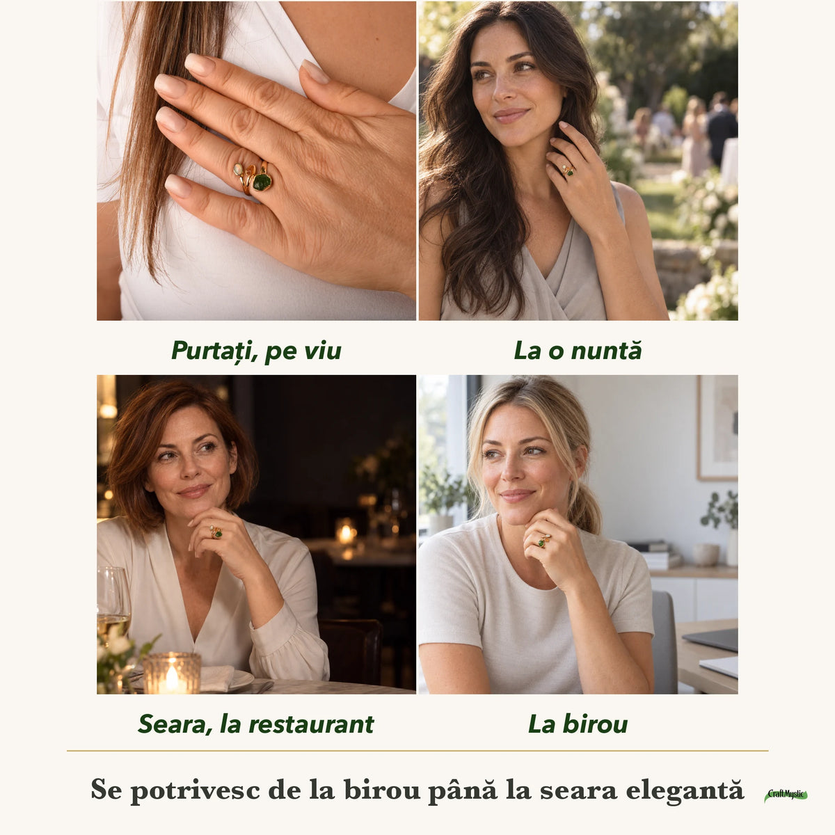 Inel cu Cromdiopsid, Citrin și Opal Etiopian purtați de patru femei, la nuntă, seara, la birou și la o aniversare