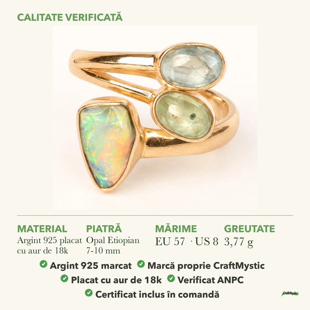 Inel cu Opal Etiopian, Kyanit Verde și Kyanit Aqua: material, dimensiunea pietrei, greutate și marcajul 925