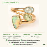 Inel cu Opal Etiopian, Kyanit Verde și Kyanit Aqua: material, dimensiunea pietrei, greutate și marcajul 925