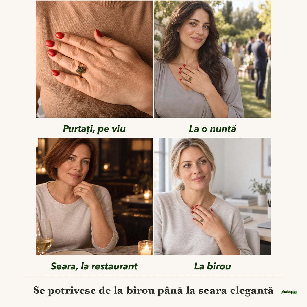Inel cu Moldavit purtați de patru femei, la nuntă, seara, la birou și la o aniversare