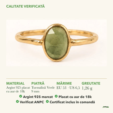 Inel cu Turmalină Verde: material, dimensiunea pietrei, greutate și marcajul 925