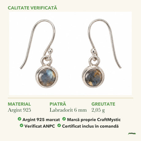 Cercei cu Labradorit: material, dimensiunea pietrei, greutate și marcajul 925