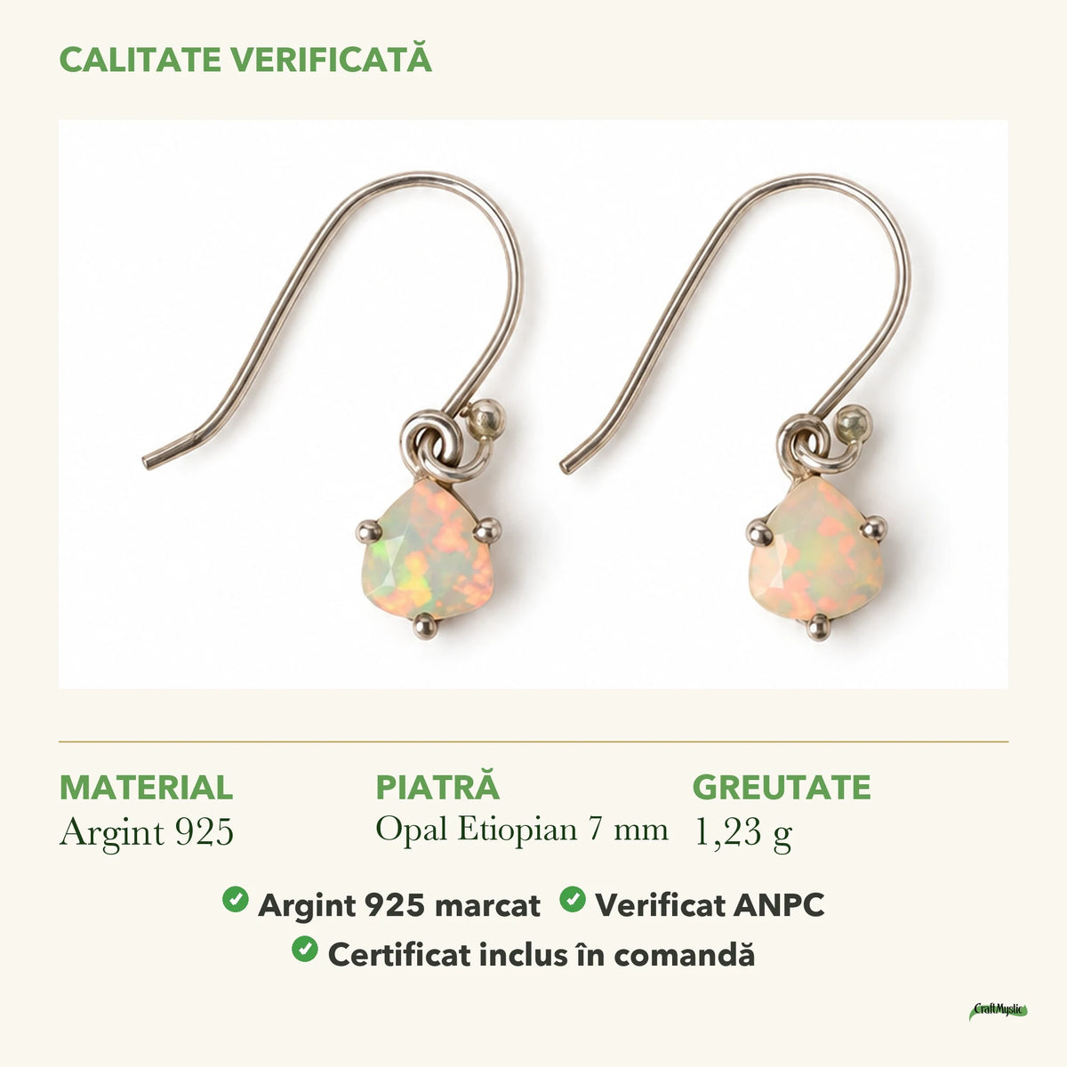 Cercei cu Opal Etiopian: material, dimensiunea pietrei, greutate și marcajul 925