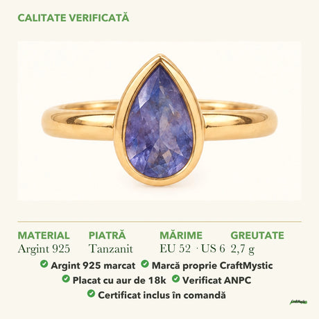 Inel cu Tanzanit: material, dimensiunea pietrei, greutate și marcajul 925