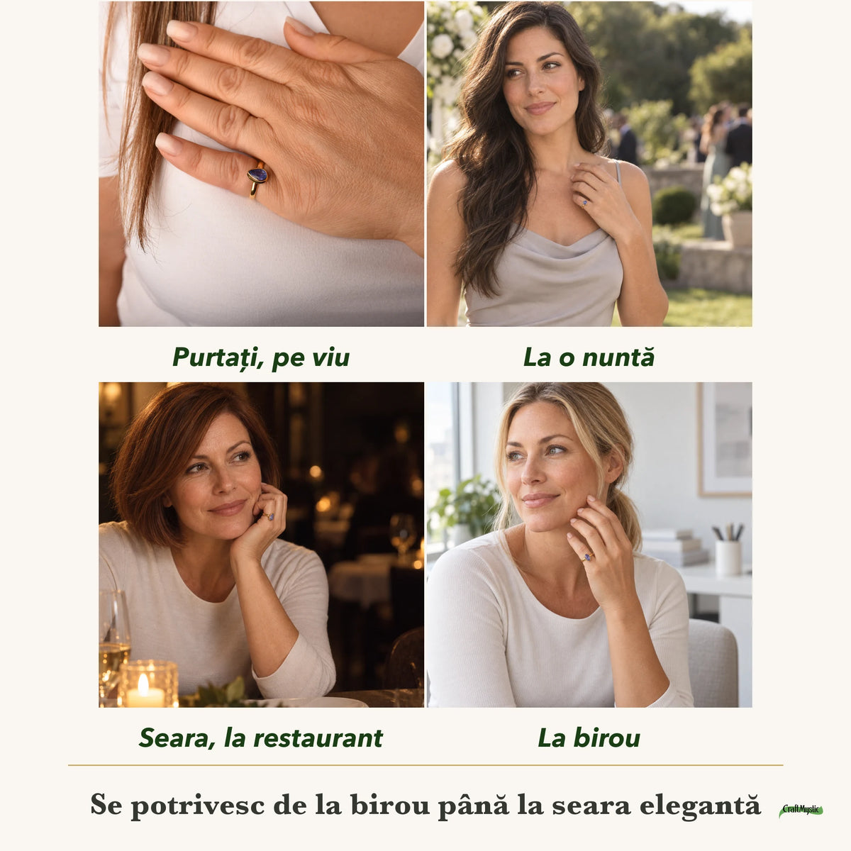 Inel cu Tanzanit purtați de patru femei, la nuntă, seara, la birou și la o aniversare