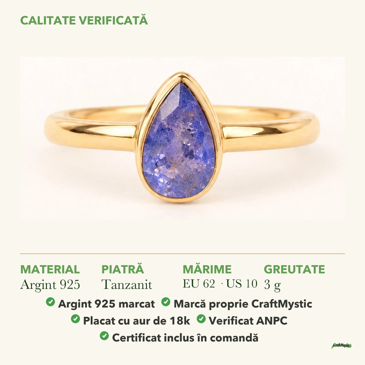 Inel cu Tanzanit: material, dimensiunea pietrei, greutate și marcajul 925
