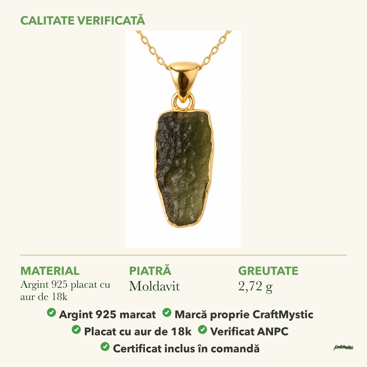 Colier cu Moldavit: material, dimensiunea pietrei, greutate și marcajul 925