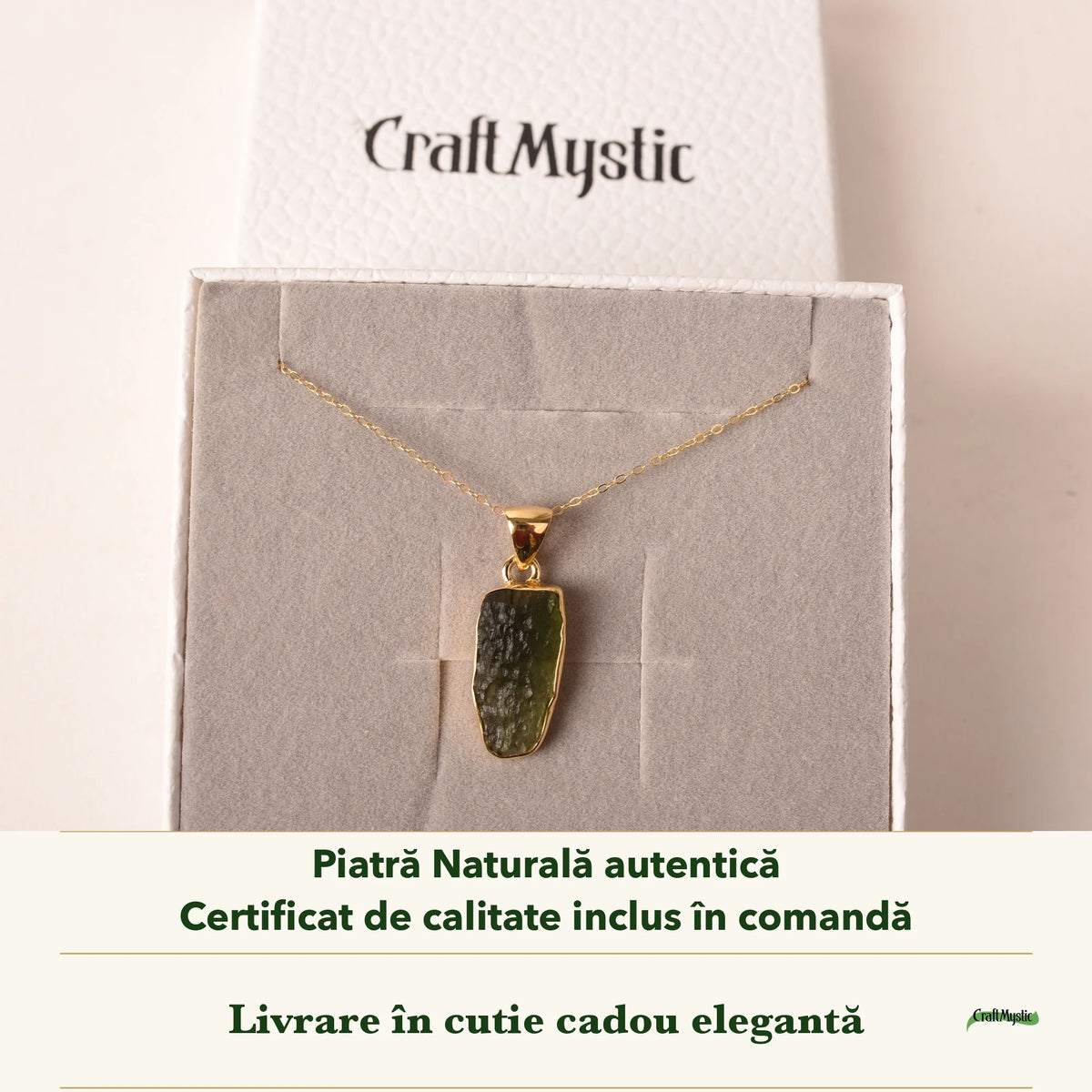 Colier cu Moldavit în cutia cadou CraftMystic, cu certificatul de calitate