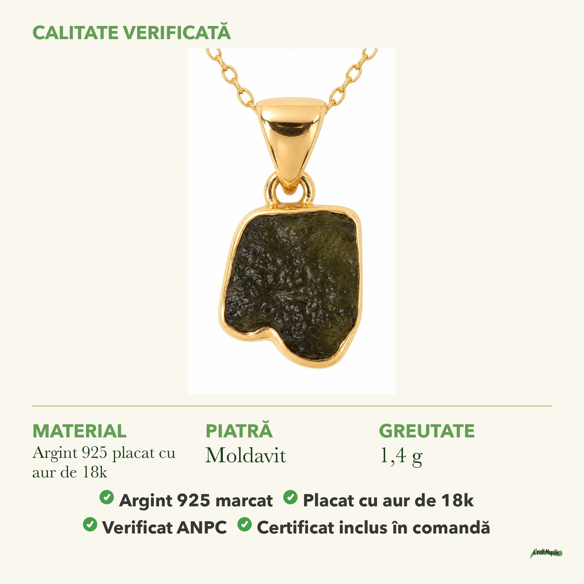 Colier cu Moldavit: material, dimensiunea pietrei, greutate și marcajul 925