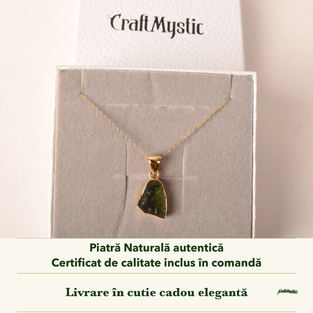 Colier cu Moldavit în cutia cadou CraftMystic, cu certificatul de calitate