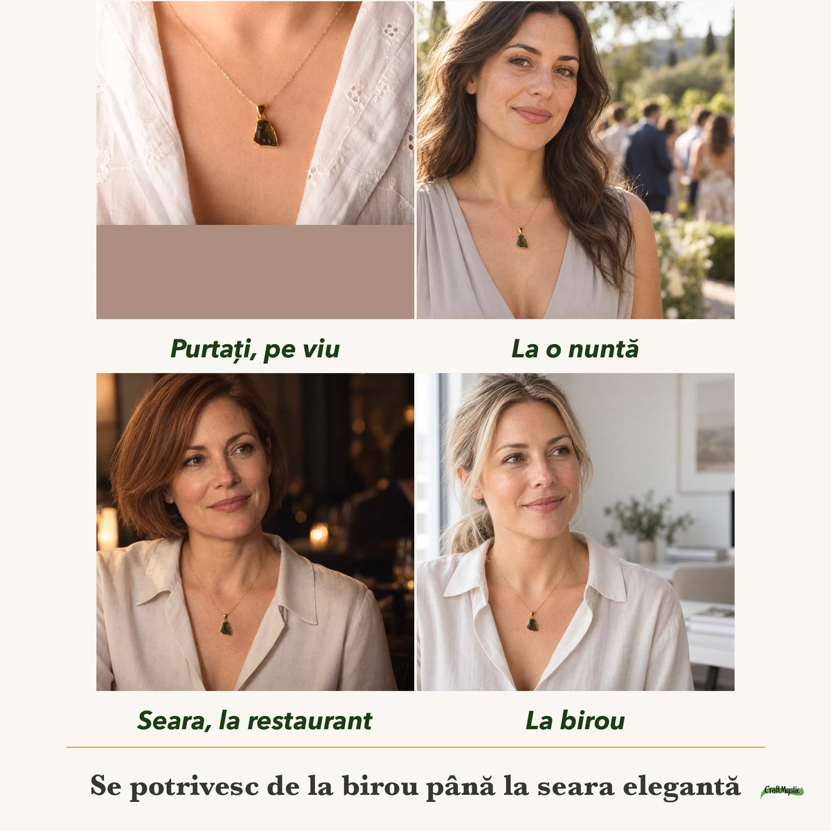 Colier cu Moldavit purtați de patru femei, la nuntă, seara, la birou și la o aniversare