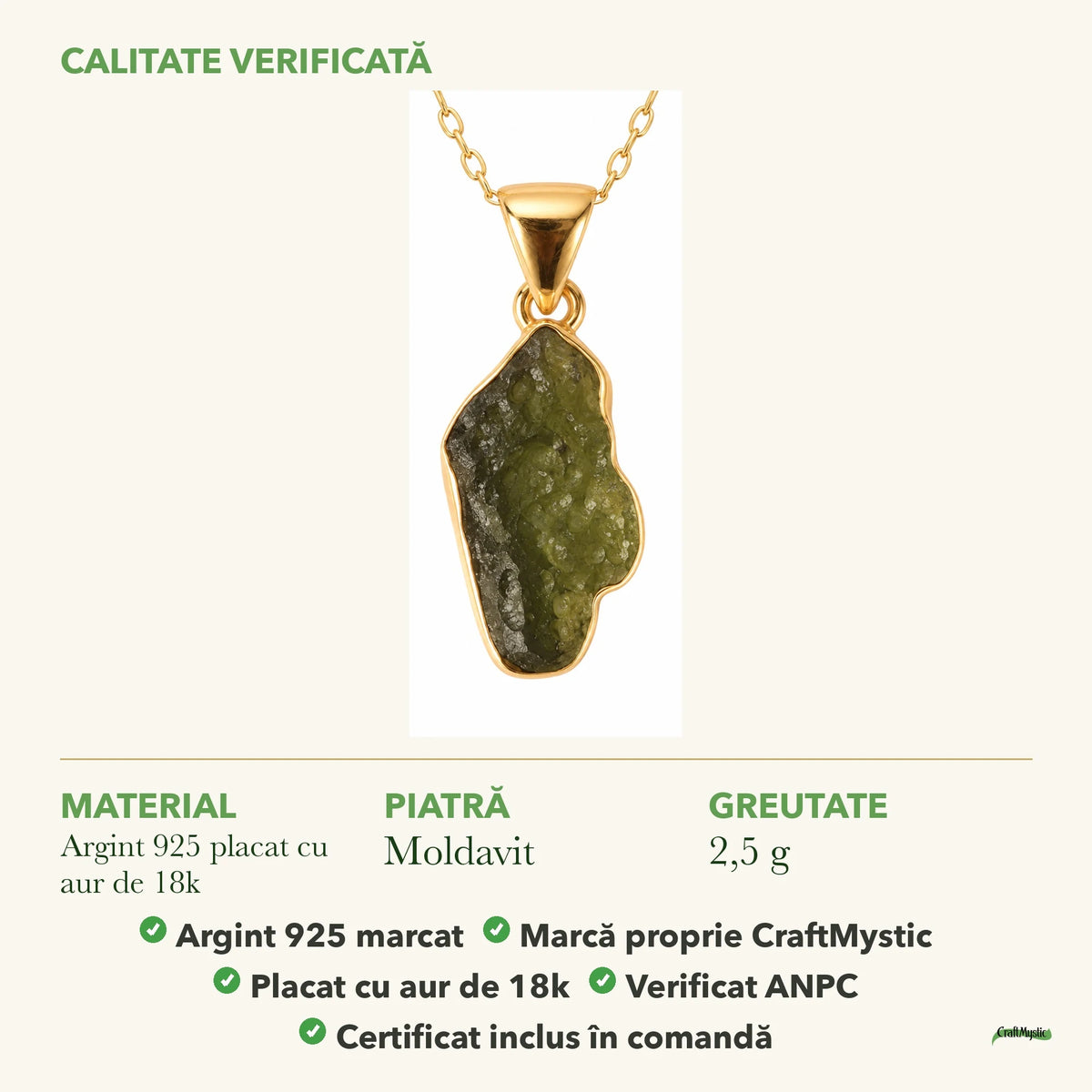 Colier cu Moldavit: material, dimensiunea pietrei, greutate și marcajul 925