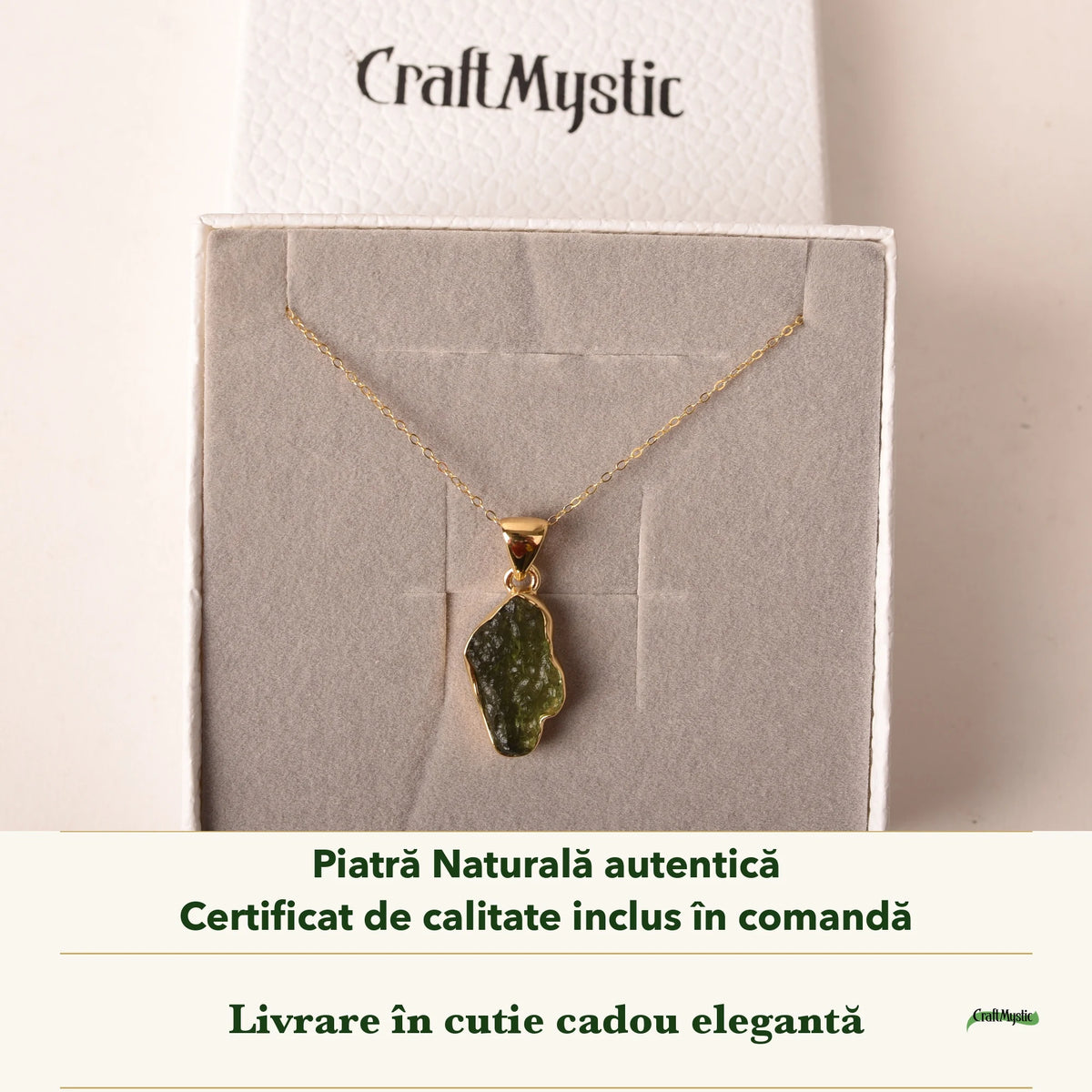 Colier cu Moldavit în cutia cadou CraftMystic, cu certificatul de calitate