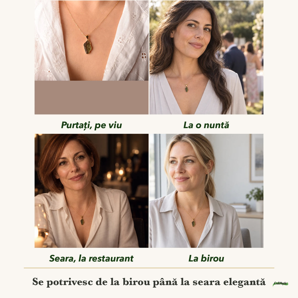Colier cu Moldavit purtați de patru femei, la nuntă, seara, la birou și la o aniversare