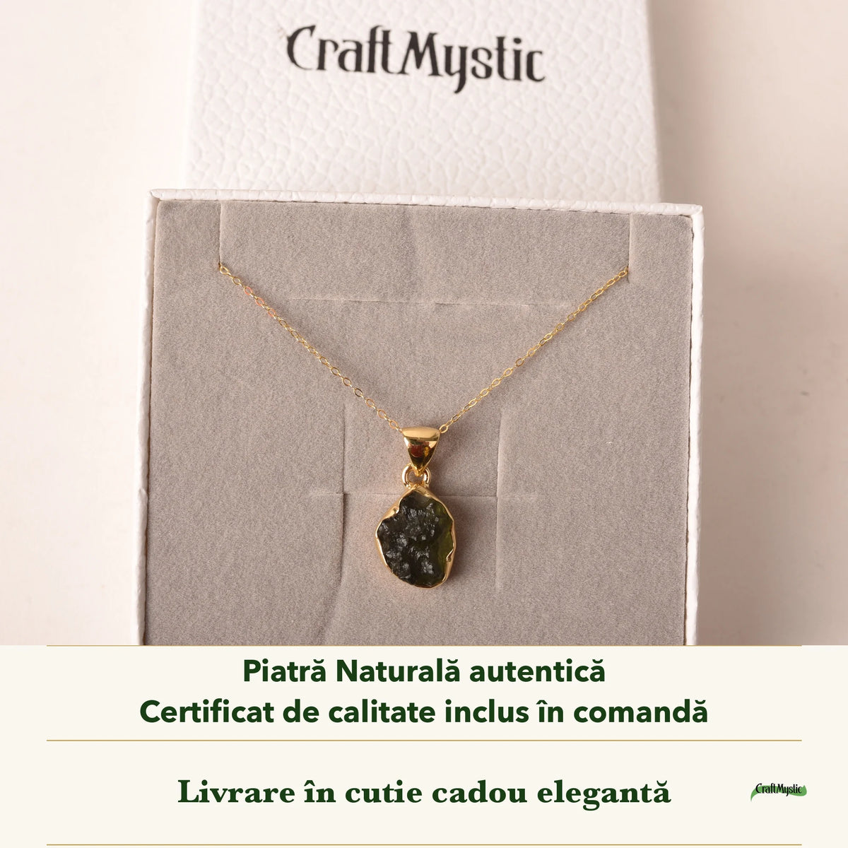 Colier cu Moldavit în cutia cadou CraftMystic, cu certificatul de calitate