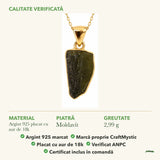 Colier cu Moldavit: material, dimensiunea pietrei, greutate și marcajul 925