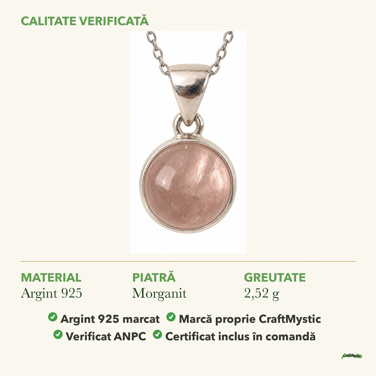 Colier cu Morganit: material, dimensiunea pietrei, greutate și marcajul 925