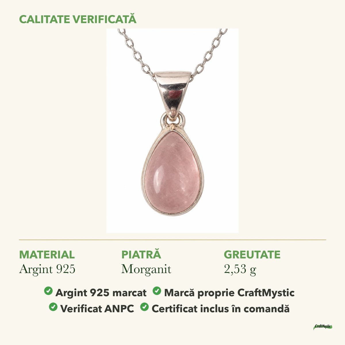 Colier cu Morganit: material, dimensiunea pietrei, greutate și marcajul 925