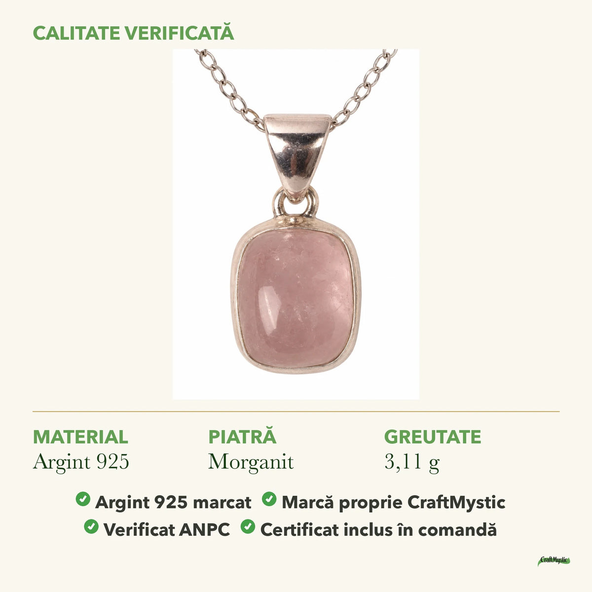 Colier cu Morganit: material, dimensiunea pietrei, greutate și marcajul 925