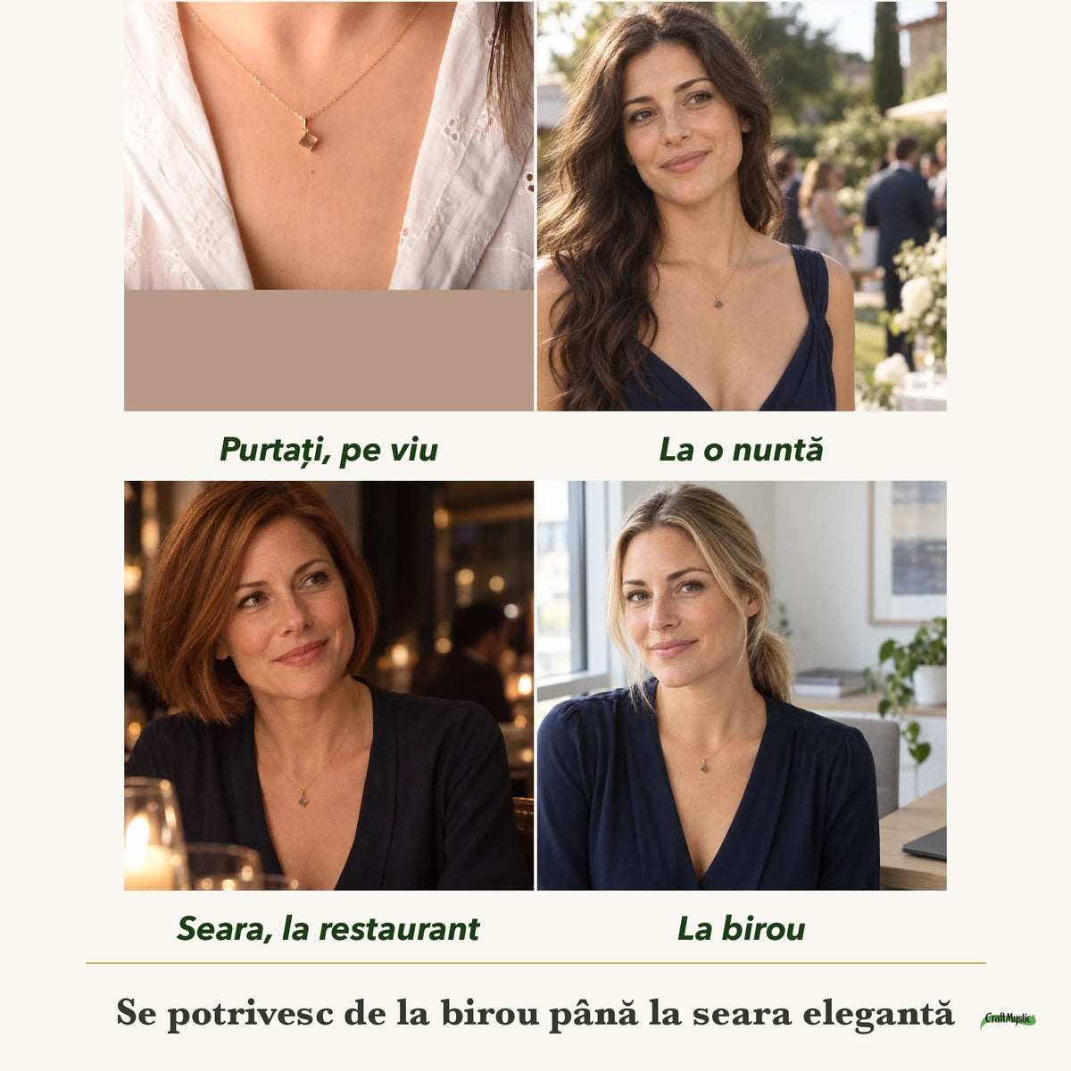 Colier cu Labradorit purtați de patru femei, la nuntă, seara, la birou și la o aniversare