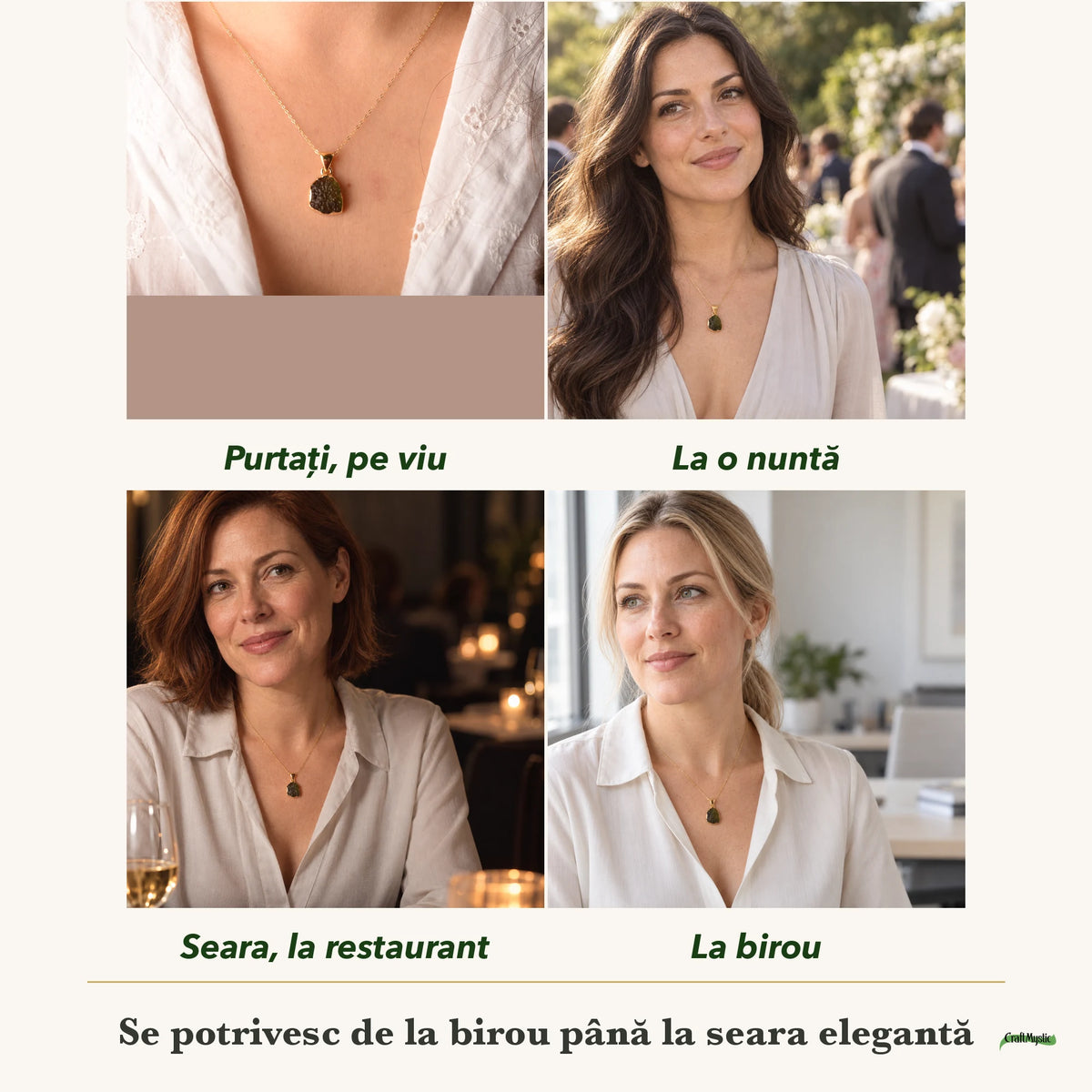 Colier cu Moldavit purtați de patru femei, la nuntă, seara, la birou și la o aniversare
