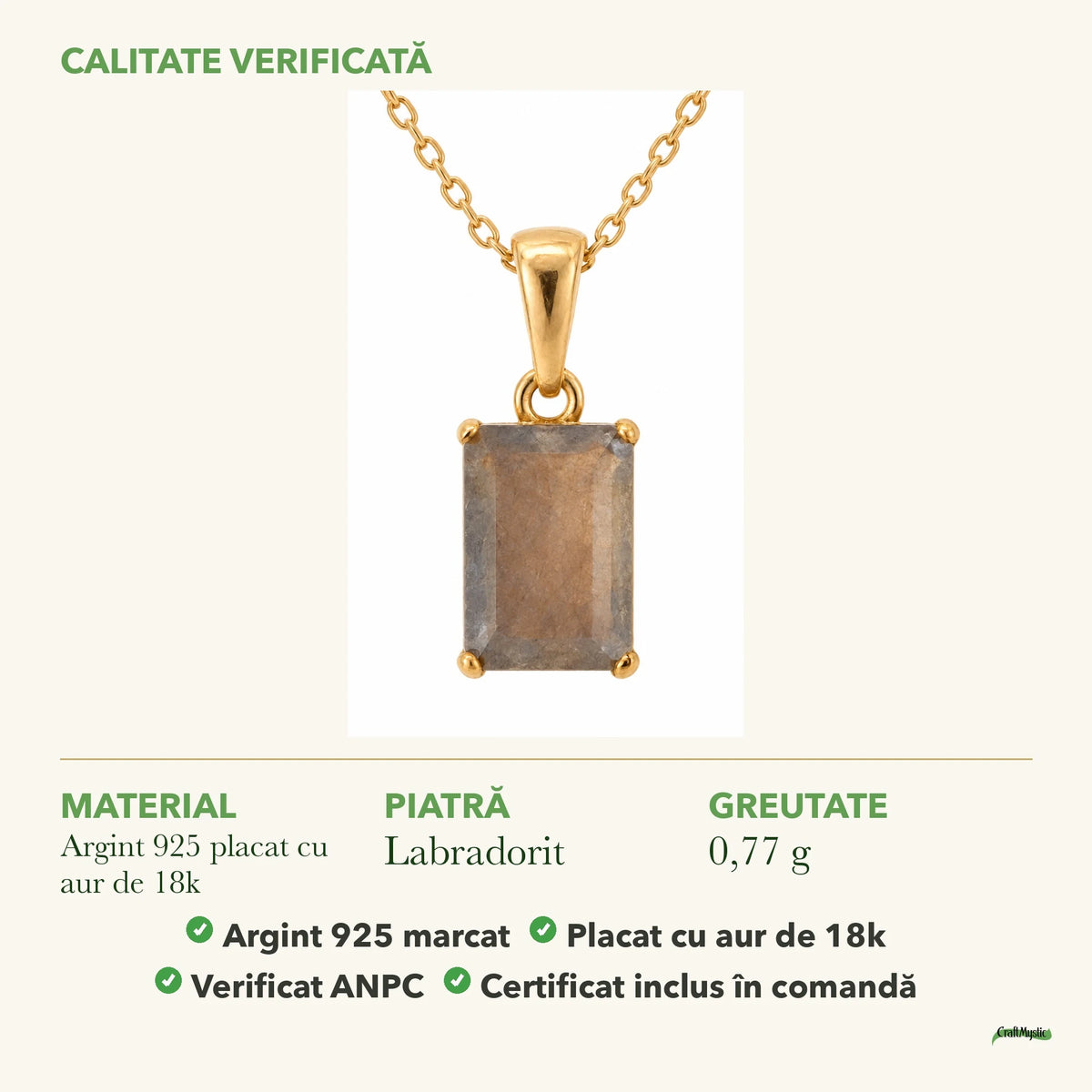 Colier cu Labradorit: material, dimensiunea pietrei, greutate și marcajul 925