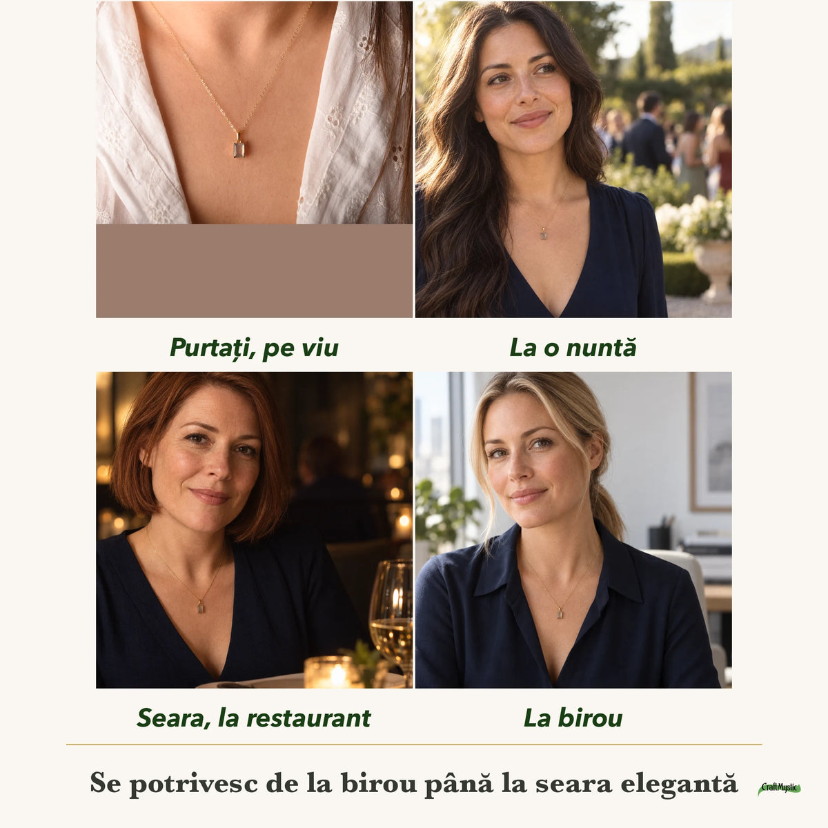 Colier cu Labradorit purtați de patru femei, la nuntă, seara, la birou și la o aniversare