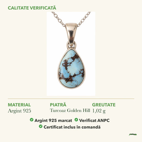 Colier cu Turcoaz Golden Hill: material, dimensiunea pietrei, greutate și marcajul 925