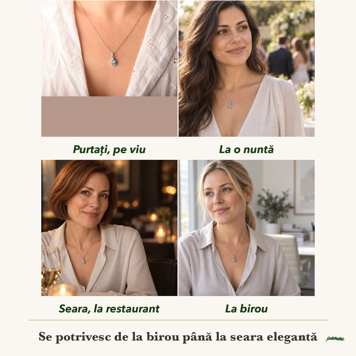 Colier cu Turcoaz Golden Hill purtați de patru femei, la nuntă, seara, la birou și la o aniversare