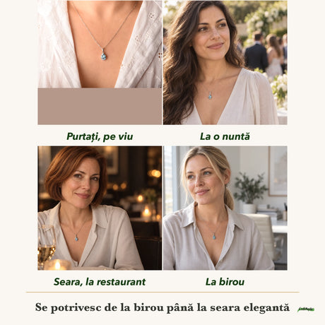 Colier cu Turcoaz Golden Hill purtați de patru femei, la nuntă, seara, la birou și la o aniversare