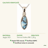 Colier cu Turcoaz Golden Hill: material, dimensiunea pietrei, greutate și marcajul 925