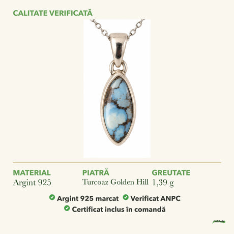 Colier cu Turcoaz Golden Hill: material, dimensiunea pietrei, greutate și marcajul 925