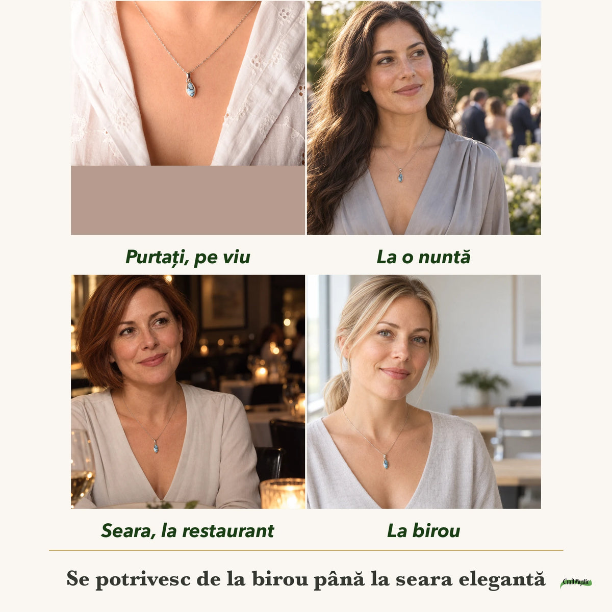 Colier cu Turcoaz Golden Hill purtați de patru femei, la nuntă, seara, la birou și la o aniversare