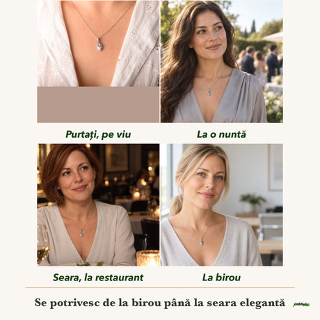 Colier cu Turcoaz Golden Hill purtați de patru femei, la nuntă, seara, la birou și la o aniversare