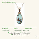 Colier cu Turcoaz Golden Hill: material, dimensiunea pietrei, greutate și marcajul 925