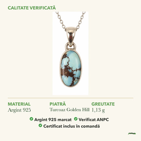 Colier cu Turcoaz Golden Hill: material, dimensiunea pietrei, greutate și marcajul 925