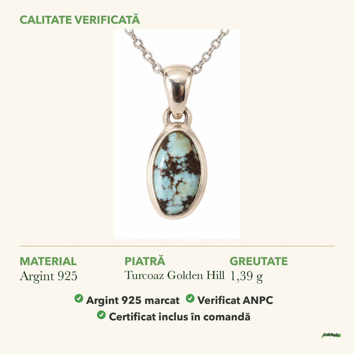 Colier cu Turcoaz Golden Hill: material, dimensiunea pietrei, greutate și marcajul 925