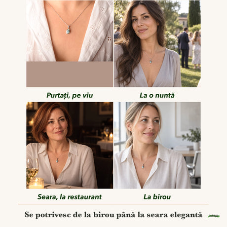 Colier cu Turcoaz Golden Hill purtați de patru femei, la nuntă, seara, la birou și la o aniversare