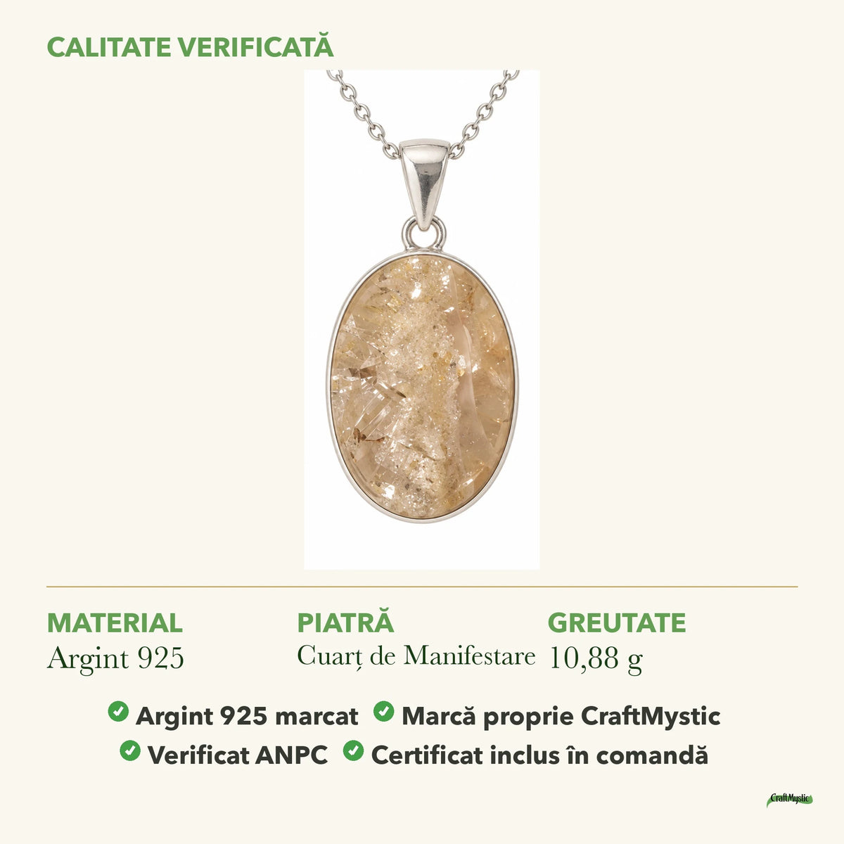 Colier cu Cuarț de Manifestare: material, dimensiunea pietrei, greutate și marcajul 925