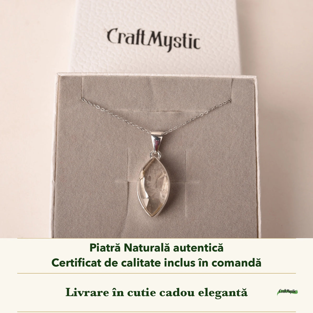 Colier cu Cuarț de Manifestare în cutia cadou CraftMystic, cu certificatul de calitate
