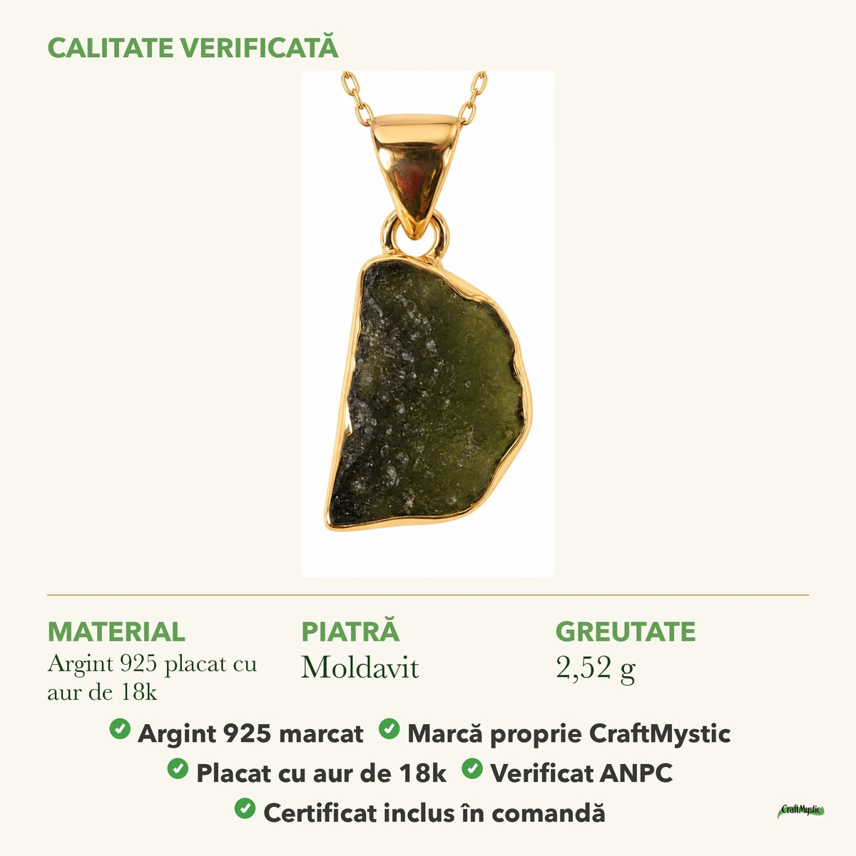 Colier cu Moldavit: material, dimensiunea pietrei, greutate și marcajul 925