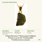 Colier cu Moldavit: material, dimensiunea pietrei, greutate și marcajul 925